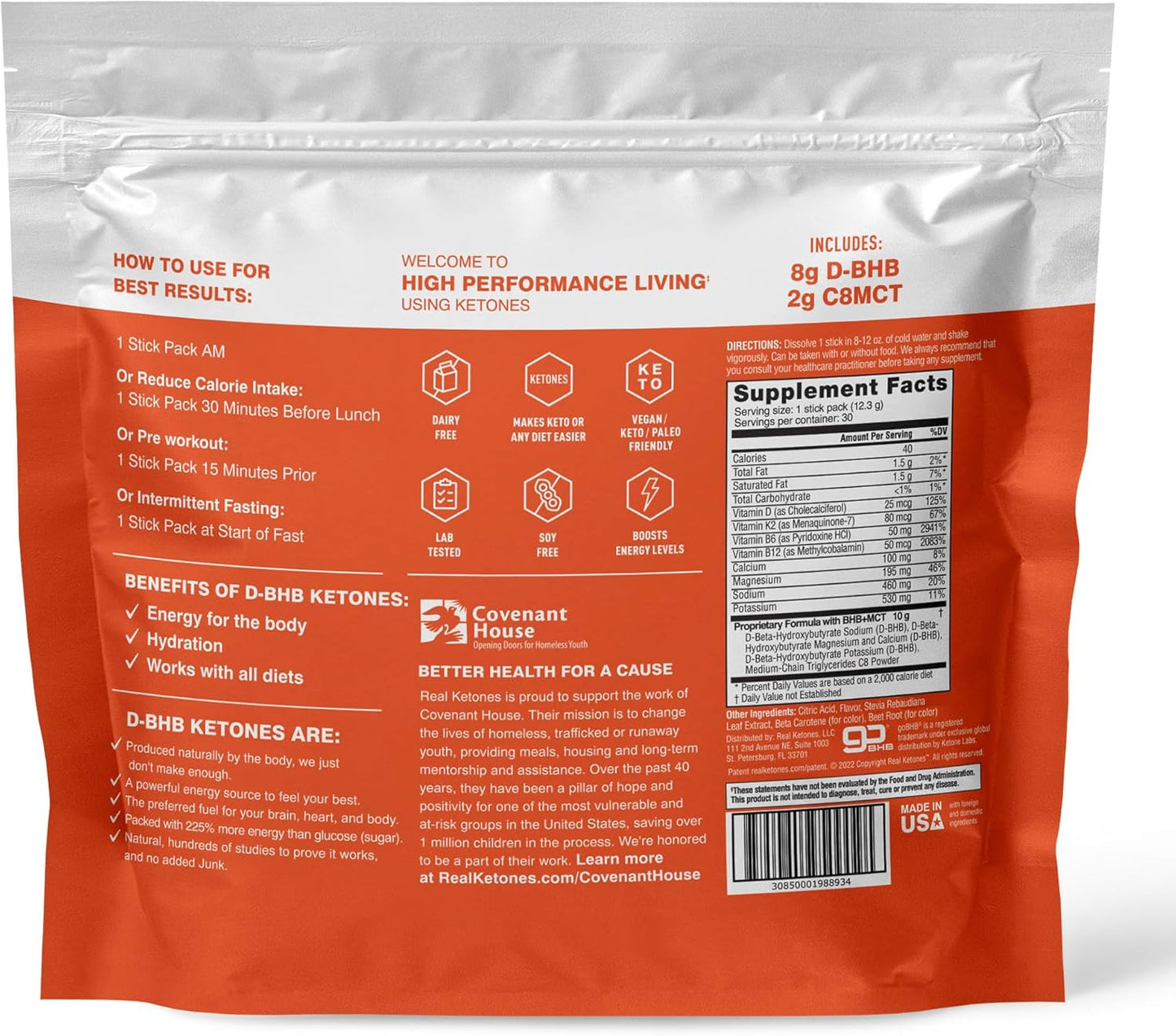 Elevate Keto Electrolytes Drink Mix Packets with Real Ketones MCT & BHB - 30 Pack Orange Flavor