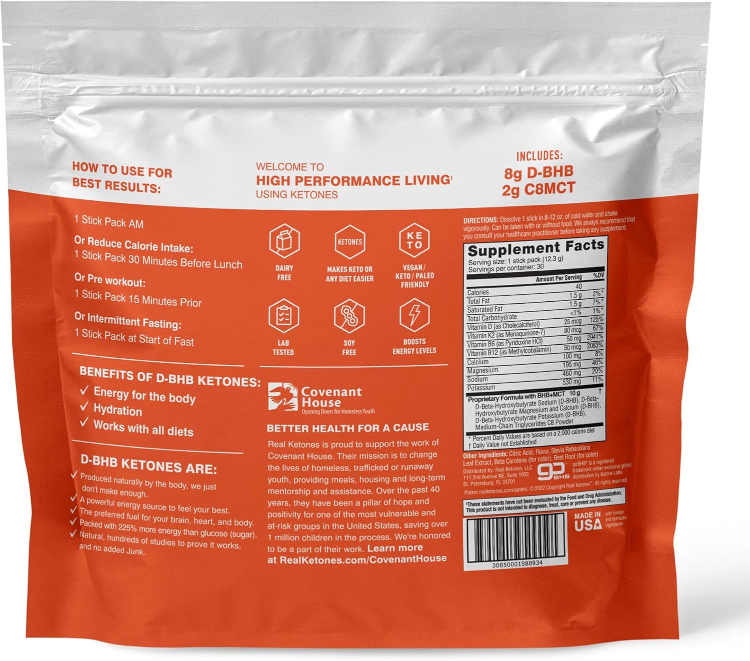 Elevate Keto Electrolytes Drink Mix Packets with Real Ketones MCT & BHB - 30 Pack Orange Flavor