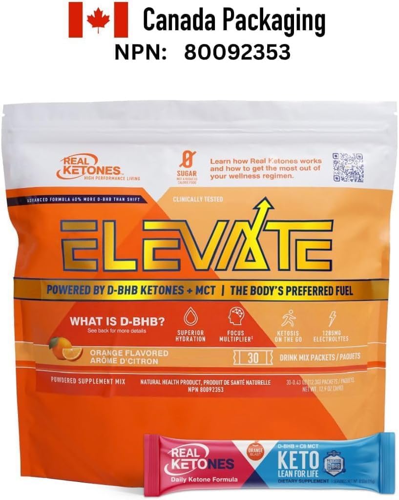 Elevate Keto Electrolytes Drink Mix Packets with Real Ketones MCT & BHB - 30 Pack Orange Flavor