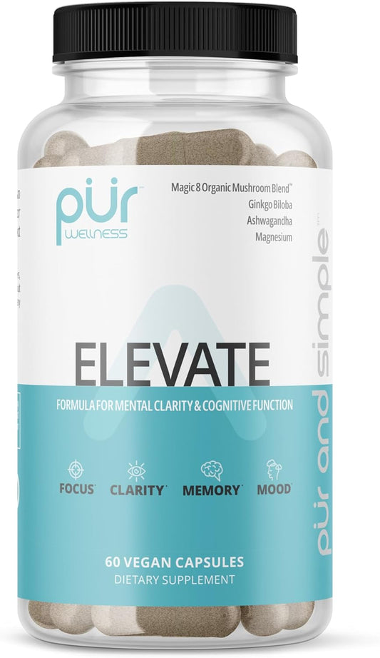 Elevate Nootropic Brain Supplement for Focus, Memory & Mood with 8 Mushroom Blend, Ginkgo Biloba, Ashwagandha, and Magnesium - Caffeine-Free Concentration Booster by PUR Wellness