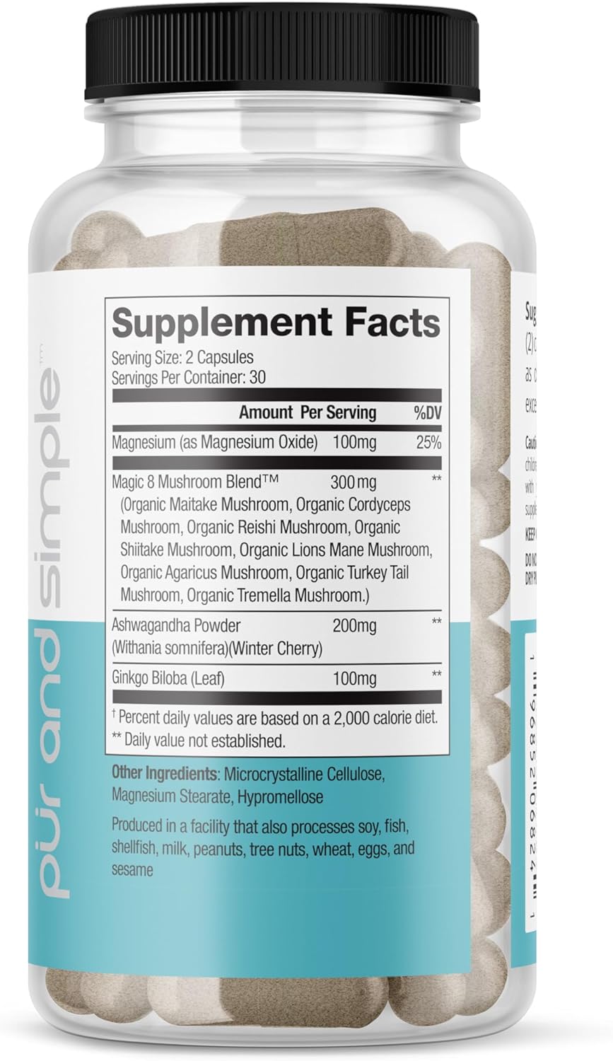 Elevate Nootropic Brain Supplement for Focus, Memory & Mood with 8 Mushroom Blend, Ginkgo Biloba, Ashwagandha, and Magnesium - Caffeine-Free Concentration Booster by PUR Wellness