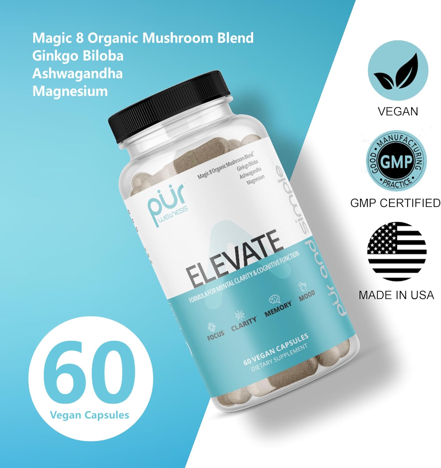 Elevate Nootropic Brain Supplement for Focus, Memory & Mood with 8 Mushroom Blend, Ginkgo Biloba, Ashwagandha, and Magnesium - Caffeine-Free Concentration Booster by PUR Wellness