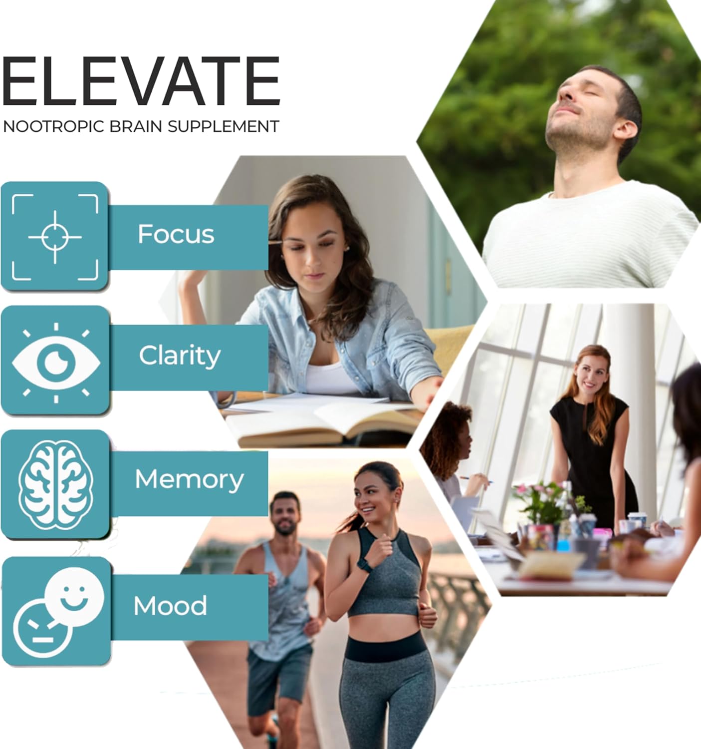 Elevate Nootropic Brain Supplement for Focus, Memory & Mood with 8 Mushroom Blend, Ginkgo Biloba, Ashwagandha, and Magnesium - Caffeine-Free Concentration Booster by PUR Wellness