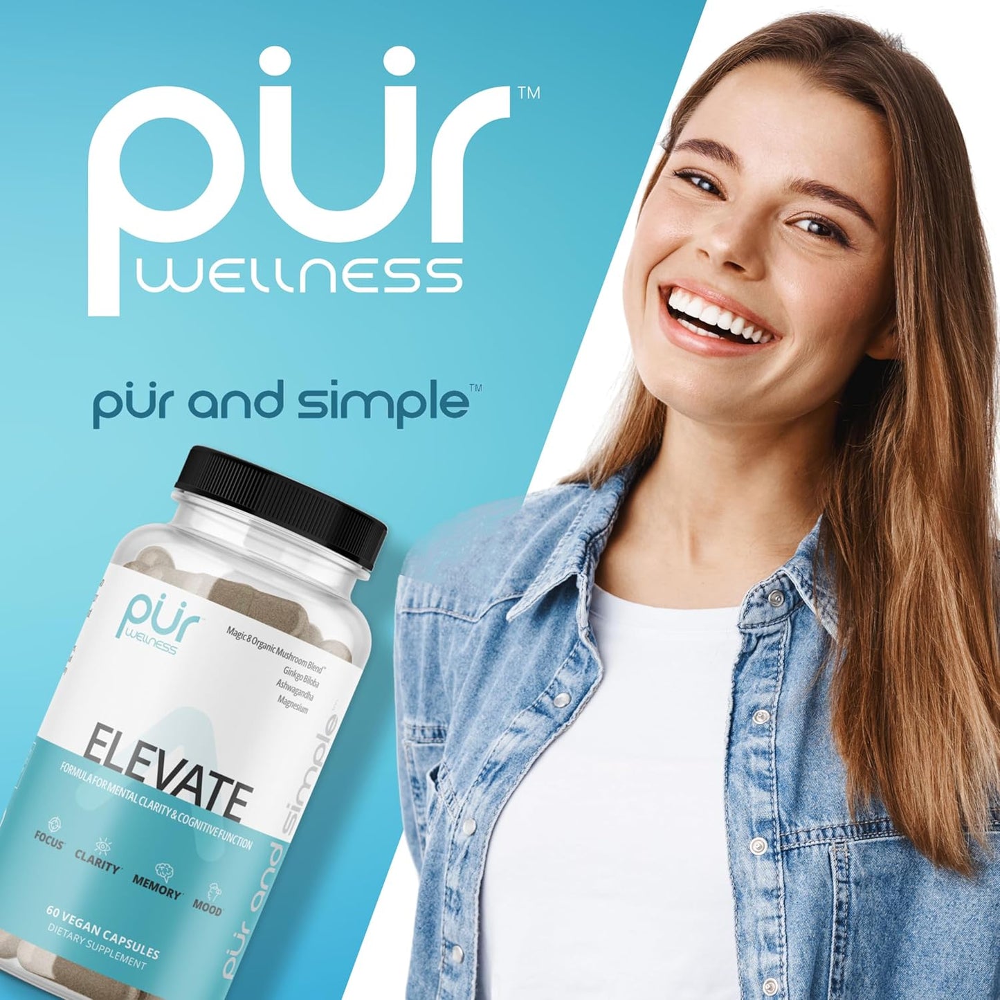 Elevate Nootropic Brain Supplement for Focus, Memory & Mood with 8 Mushroom Blend, Ginkgo Biloba, Ashwagandha, and Magnesium - Caffeine-Free Concentration Booster by PUR Wellness
