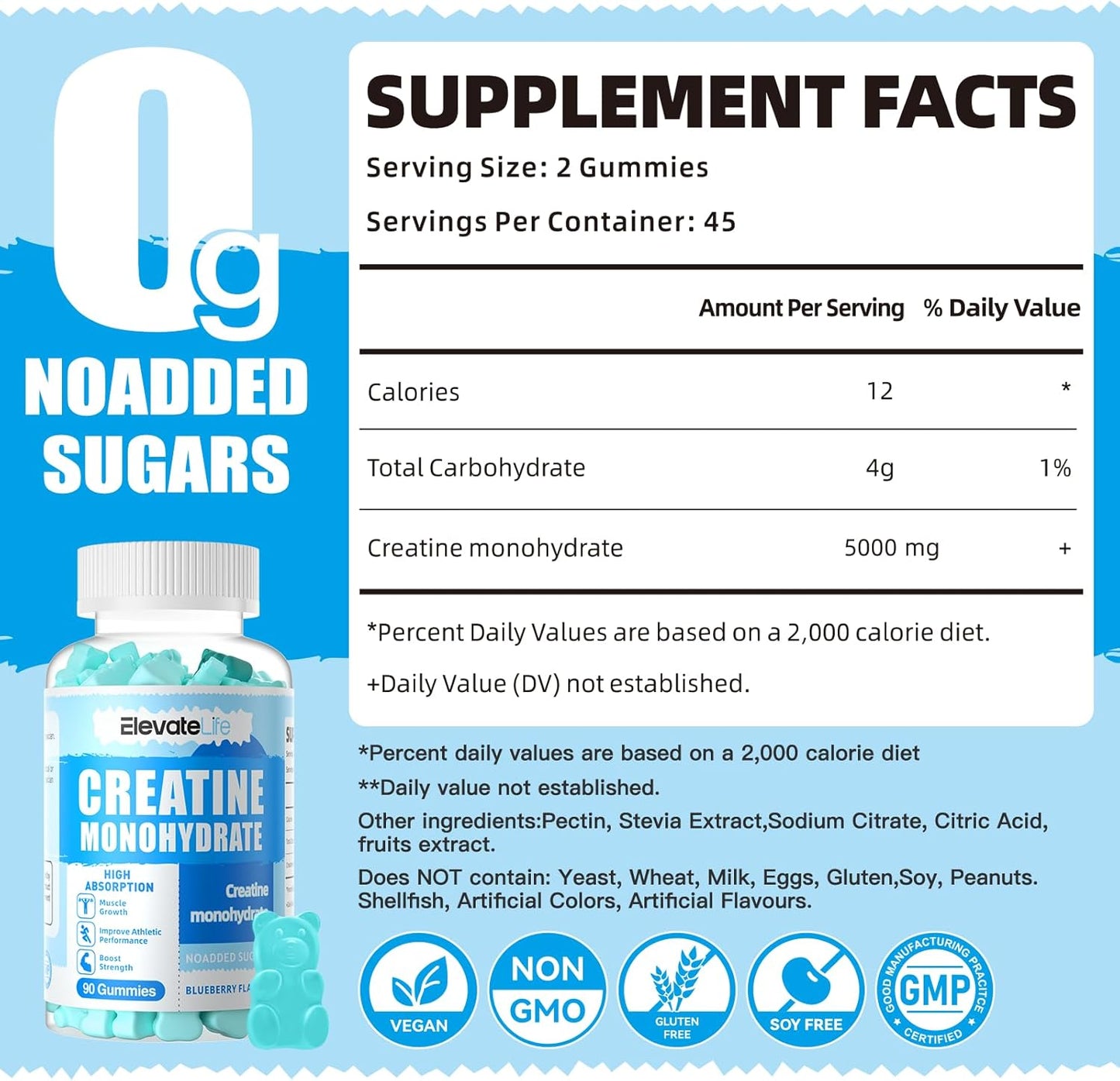 ElevateLife 5000mg Creatine Monohydrate Gummies for Muscle Strength, Energy Boost, Pre-Workout - Blueberry, 180ct