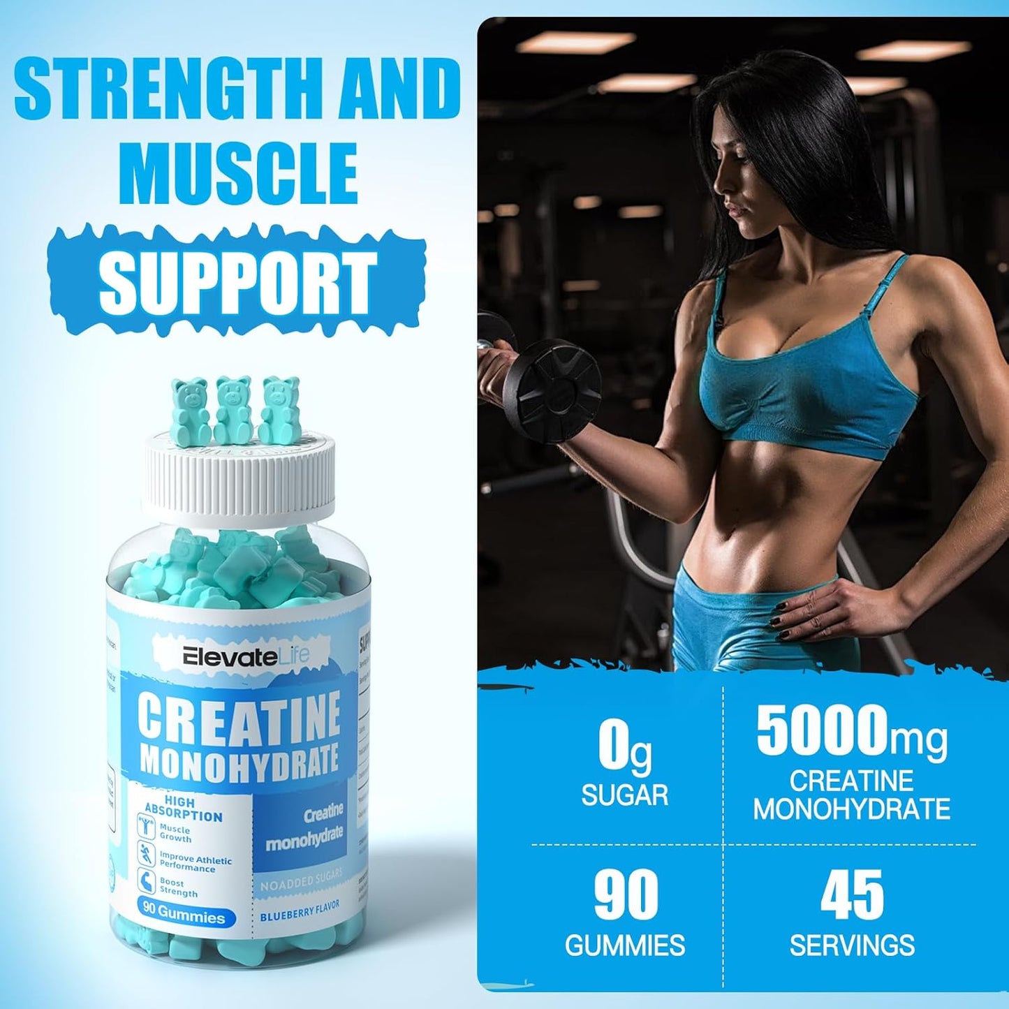 ElevateLife 5000mg Creatine Monohydrate Gummies for Muscle Strength, Energy Boost, Pre-Workout - Blueberry, 180ct
