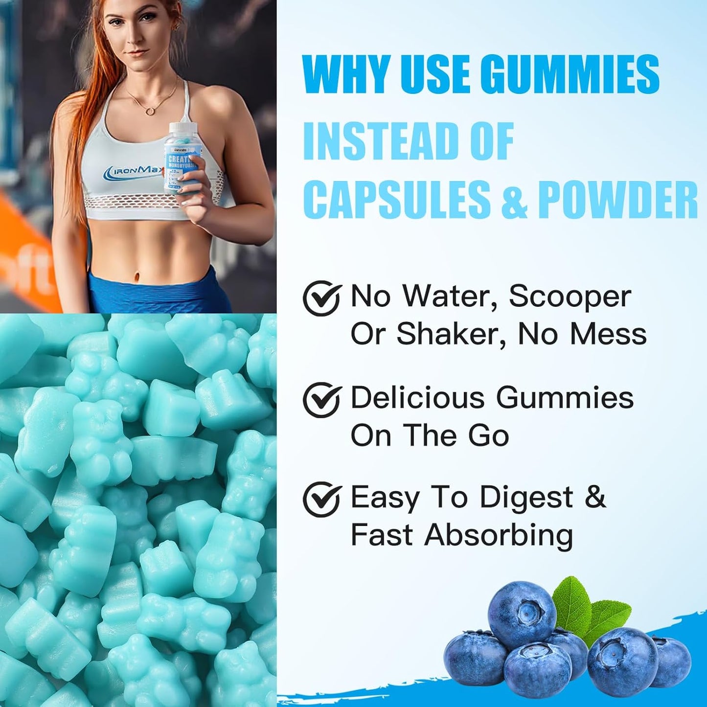 ElevateLife 5000mg Creatine Monohydrate Gummies for Muscle Strength, Energy Boost, Pre-Workout - Blueberry, 180ct