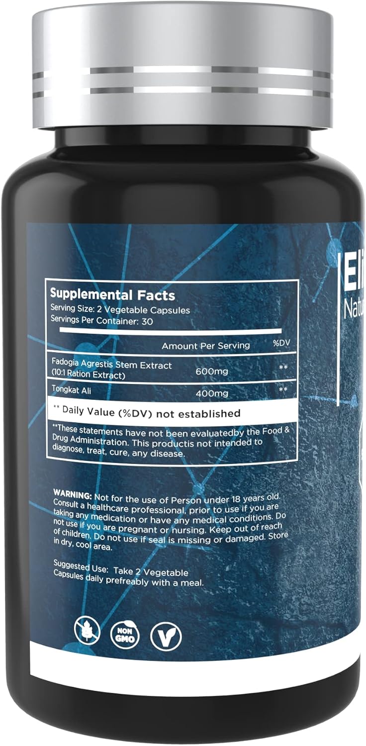 Elite Alpha Labs Fadogia Agrestis & Tongkat Ali Supplement - 1000mg Muscle Builder & Energy Support - 60 Capsules