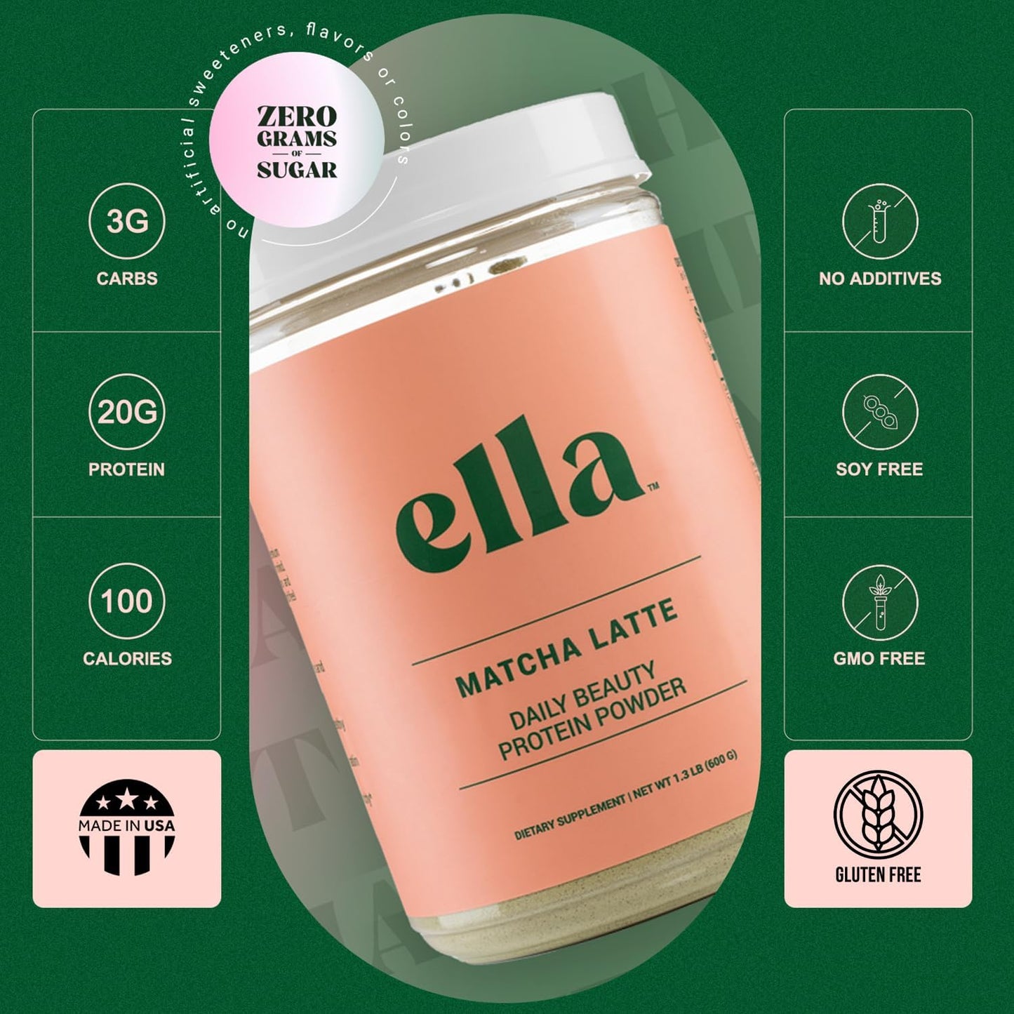 Ella Matcha Latte Collagen Protein Powder for Women - Grass-Fed Beauty Protein with Collagen Peptides - Non-GMO, Gluten-Free - 20 Servings