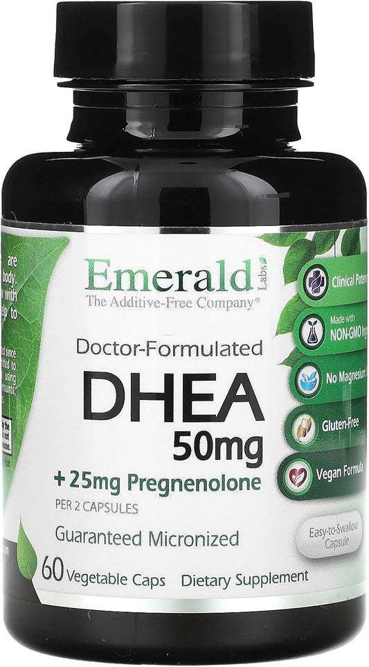 Emerald Labs DHEA 50mg Capsules for Hormone Balance & Adrenal Support - Gluten-Free Supplement with DHEA - 60 Veggie Caps (30-Day)