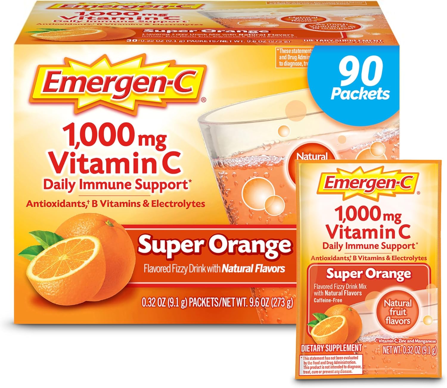 Emergen-C 1000mg Caffeine Free Vitamin C Powder with Zinc, B Vitamins, and Electrolytes - Super Orange Flavor - 90 Count