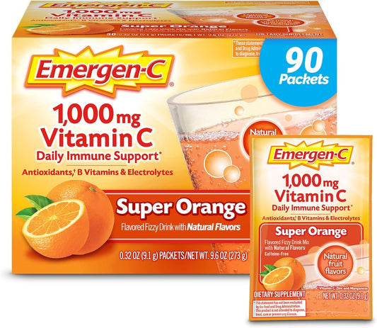 Emergen-C 1000mg Caffeine Free Vitamin C Powder with Zinc, B Vitamins, and Electrolytes - Super Orange Flavor - 90 Count