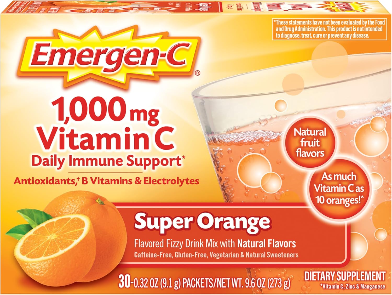 Emergen-C 1000mg Vitamin C Powder with Zinc, B Vitamins, and Electrolytes - Daily Immune Support - Super Orange Flavor - 30 Count