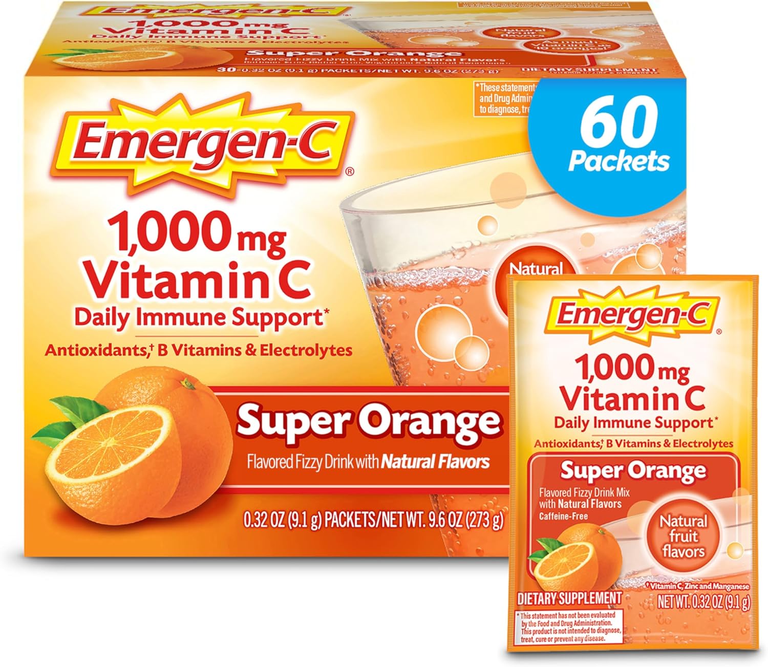 Emergen-C 1000mg Vitamin C Powder with Zinc, B Vitamins, and Electrolytes - Super Orange Flavor - 60 Count