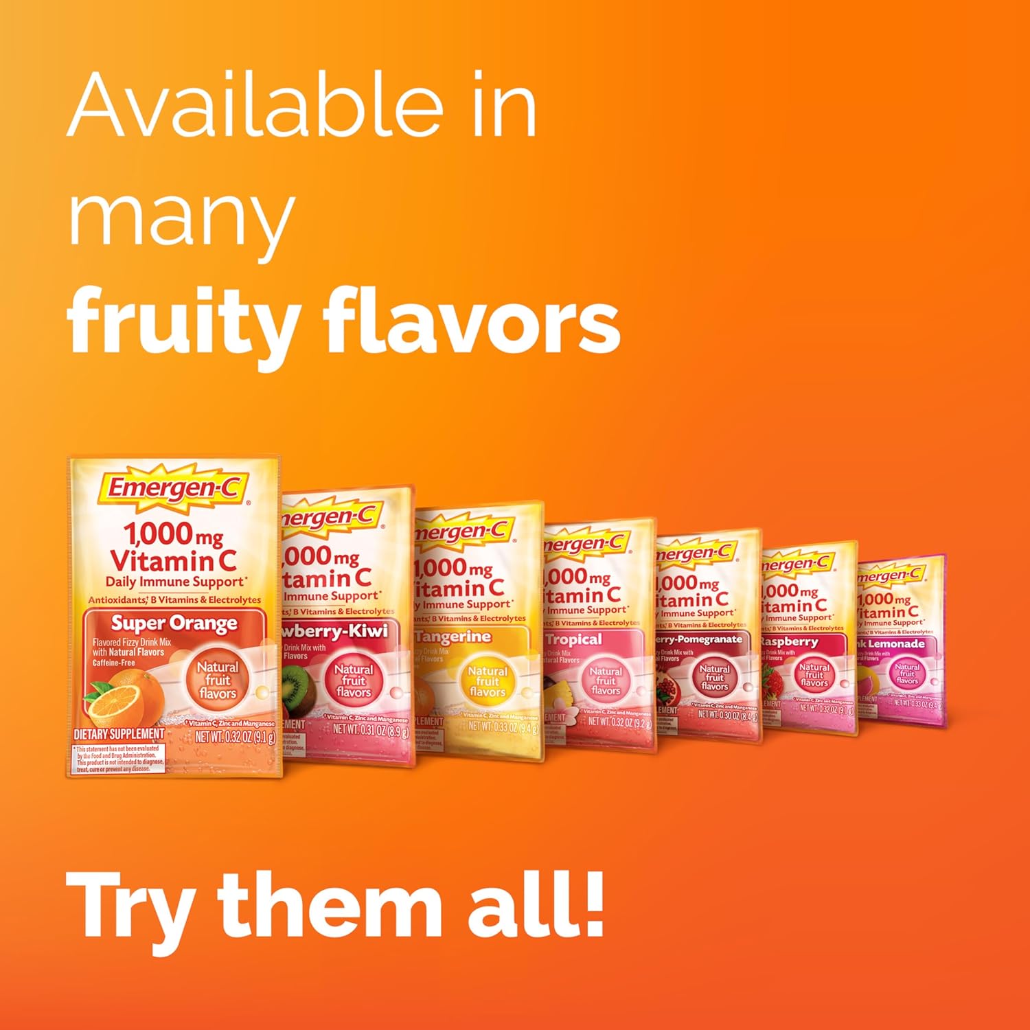 Emergen-C 1000mg Vitamin C Powder with Zinc, B Vitamins, and Electrolytes - Super Orange Flavor - 60 Count