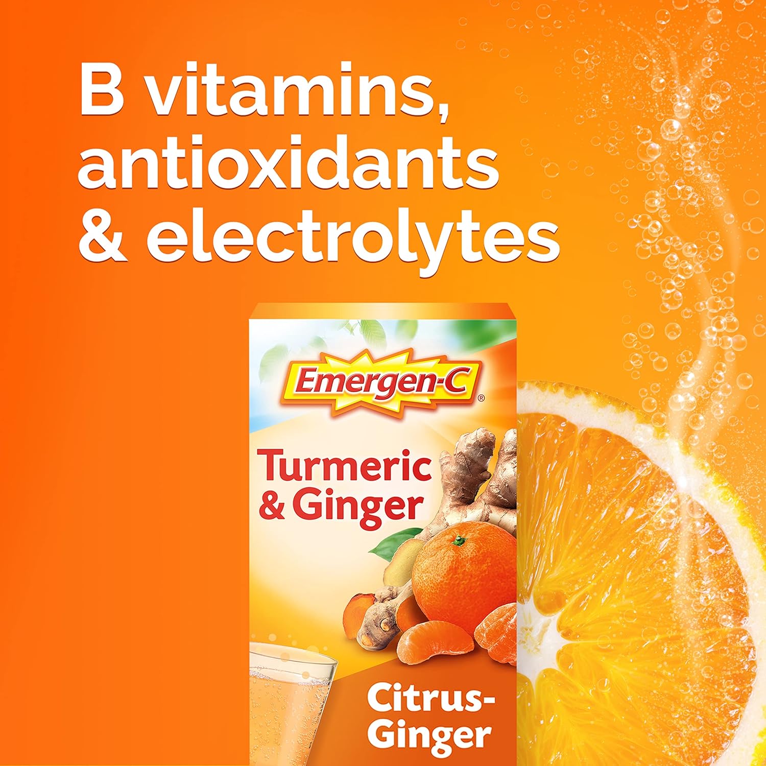 Emergen-C Citrus-Ginger Fizzy Drink Mix with Turmeric and Ginger, High Potency Vitamin C for Immune Support, 18 Count Pack