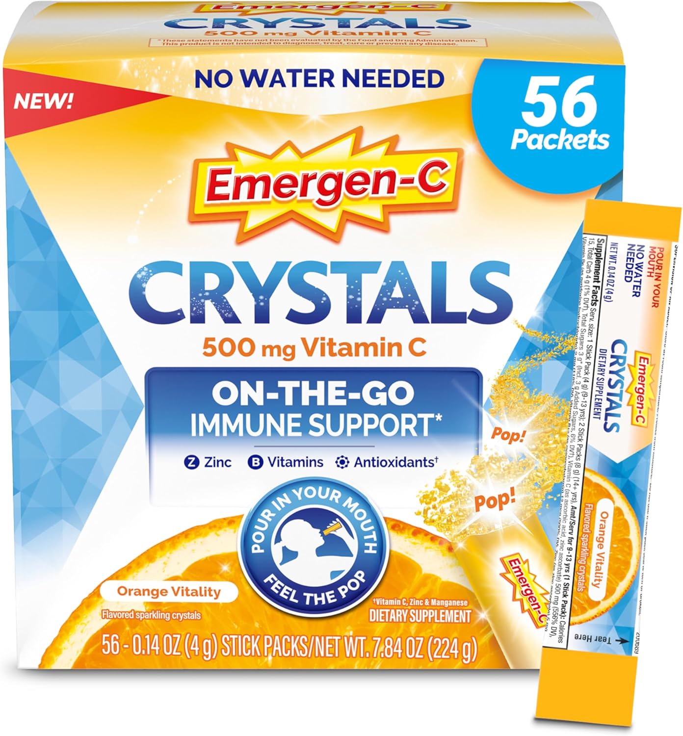 Emergen-C Crystals Orange Vitality - On-The-Go Immune Support Supplement with Vitamin C, B Vitamins, Zinc, and Manganese, 56 Stick Packs