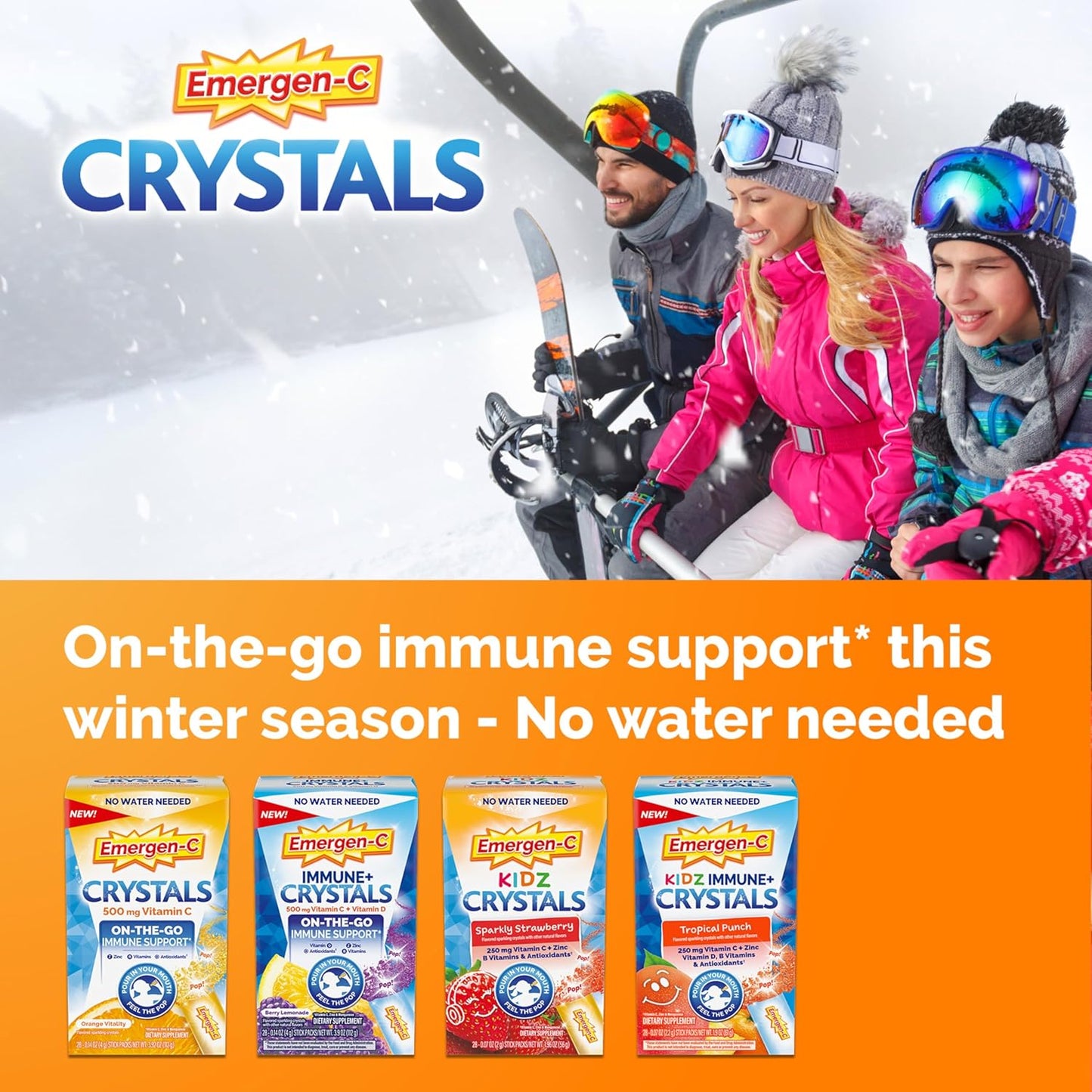Emergen-C Crystals Orange Vitality - On-The-Go Immune Support Supplement with Vitamin C, B Vitamins, Zinc, and Manganese, 56 Stick Packs