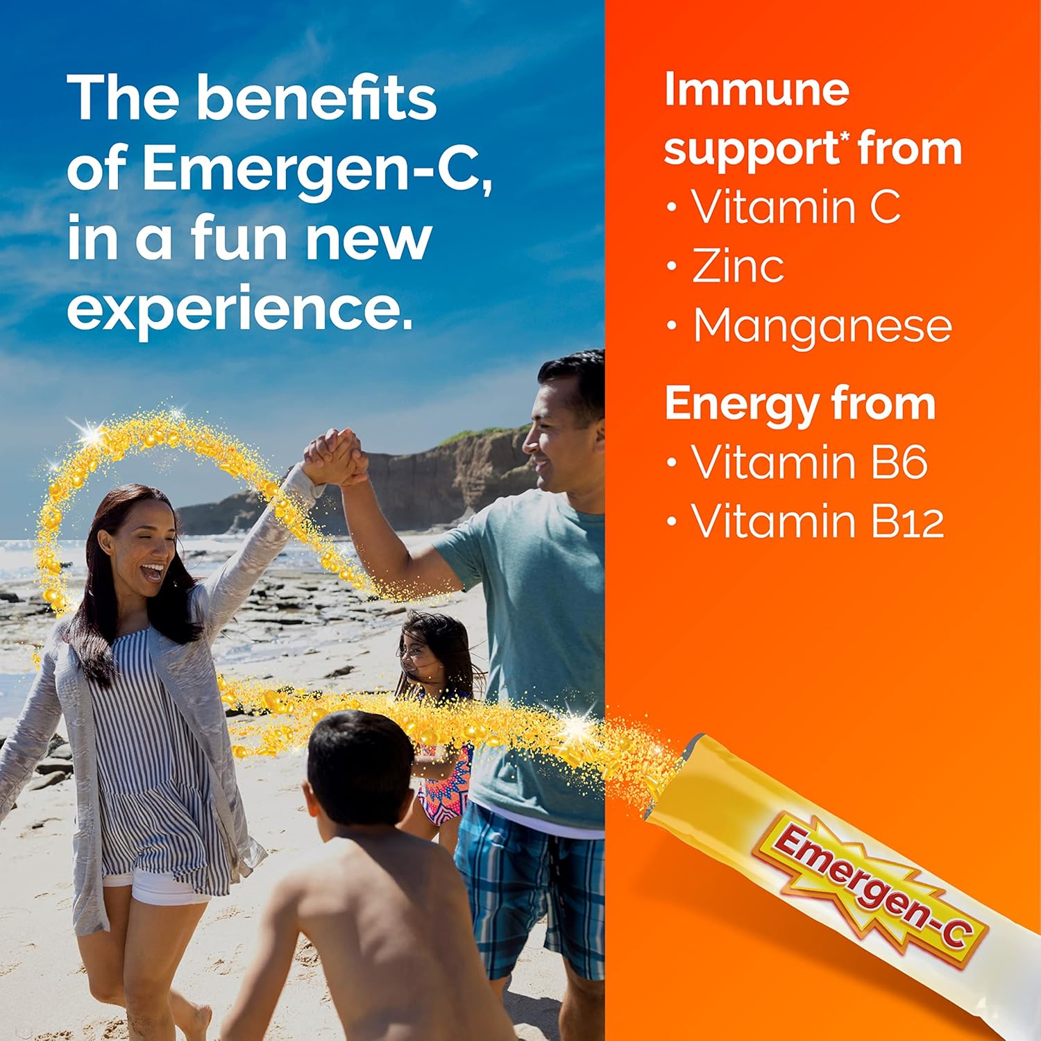 Emergen-C Crystals Orange Vitality - On-The-Go Immune Support Supplement with Vitamin C, B Vitamins, Zinc, and Manganese, 56 Stick Packs