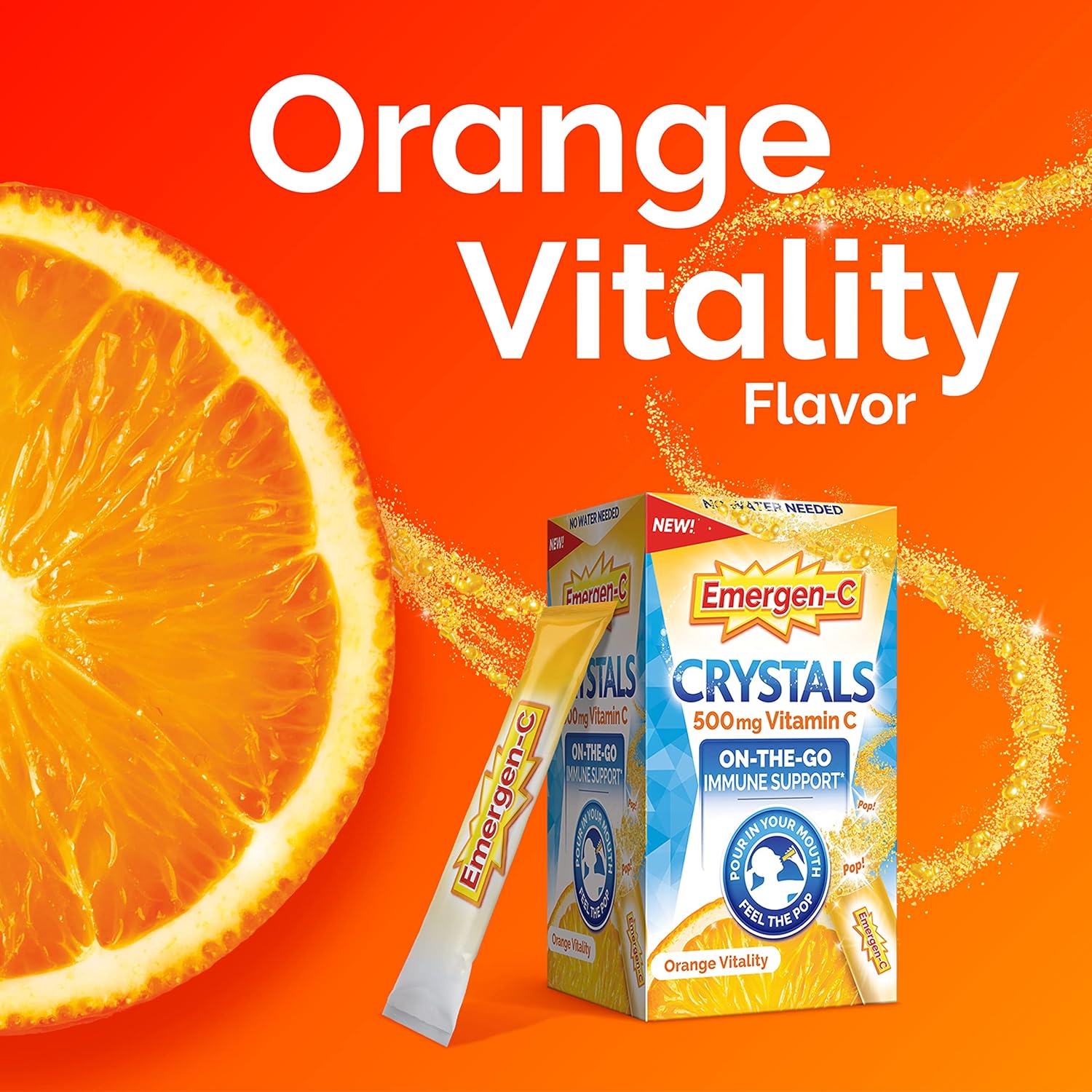 Emergen-C Crystals Orange Vitality - On-The-Go Immune Support Supplement with Vitamin C, B Vitamins, Zinc, and Manganese, 56 Stick Packs
