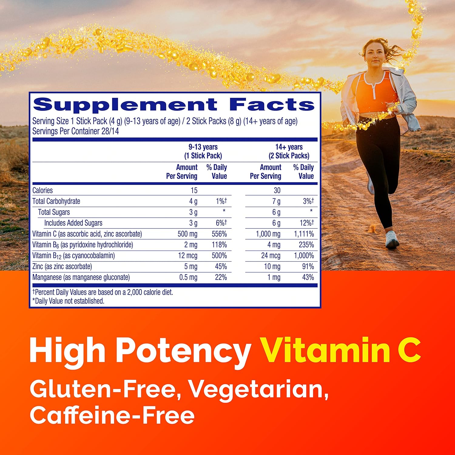 Emergen-C Crystals Orange Vitality - On-The-Go Immune Support Supplement with Vitamin C, B Vitamins, Zinc, and Manganese, 56 Stick Packs