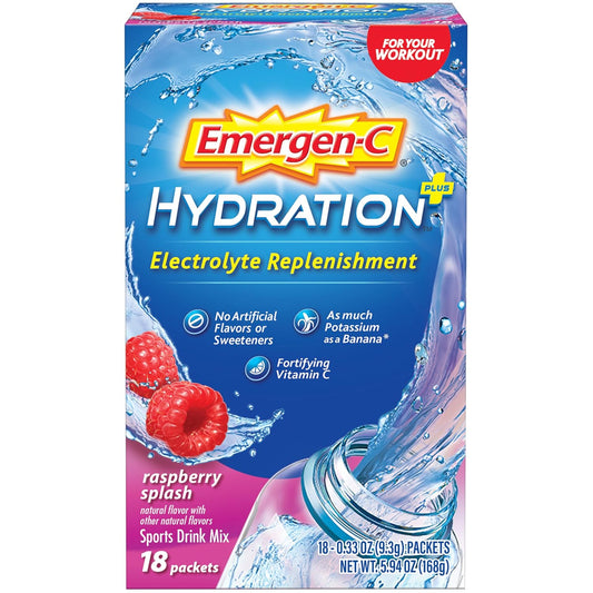 Emergen-C Hydration+ Sports Drink Mix, Raspberry Flavor, 18 Packets, Electrolyte Replenishment & Vitamin C