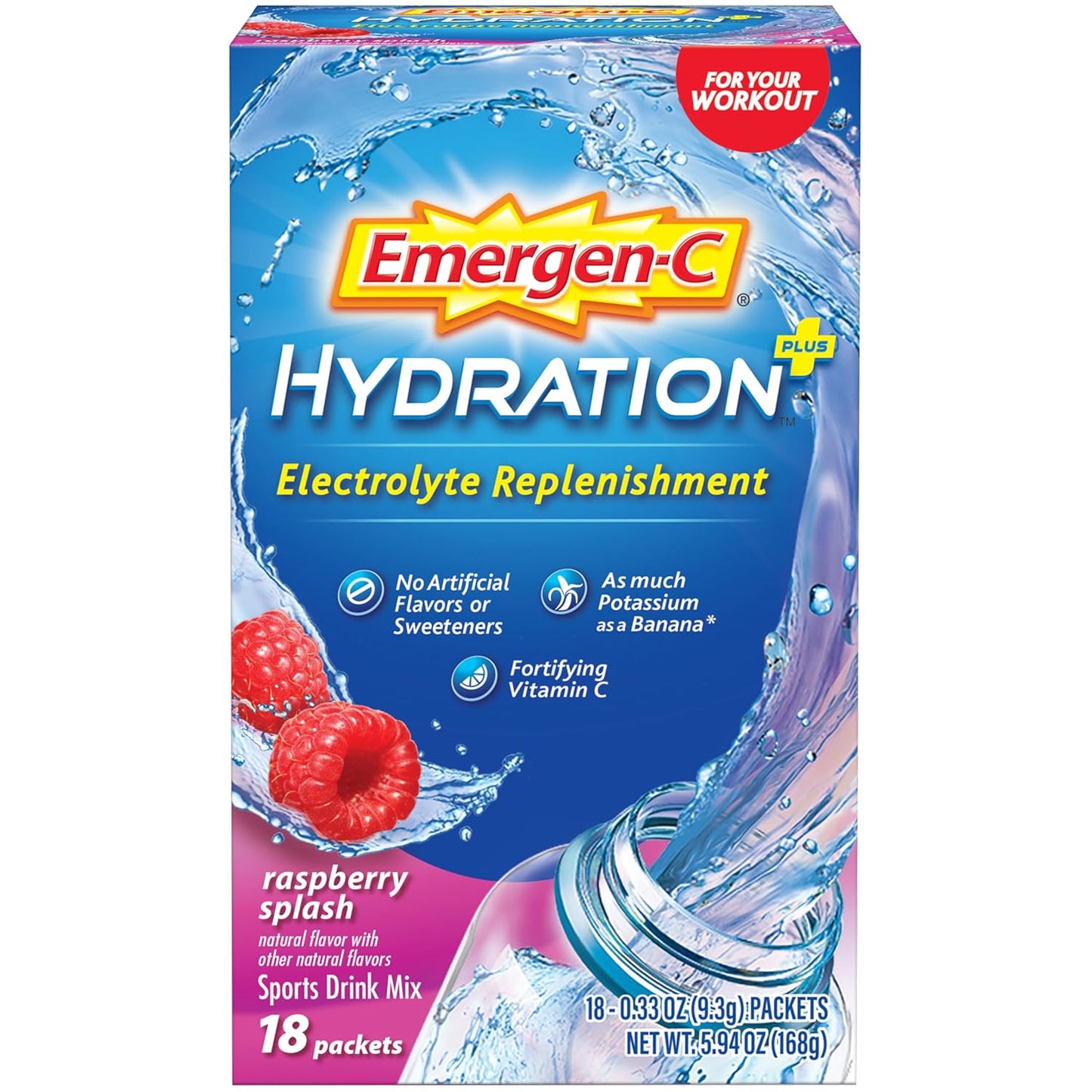 Emergen-C Hydration+ Sports Drink Mix, Raspberry Flavor, 18 Packets, Electrolyte Replenishment & Vitamin C