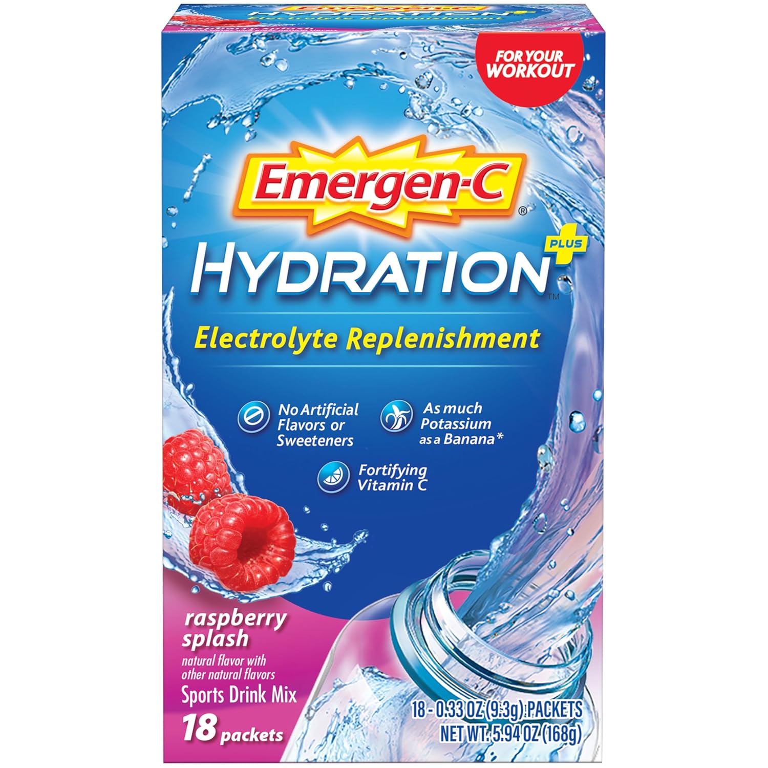 Emergen-C Hydration+ Sports Drink Mix, Raspberry Flavor, 18 Packets, Electrolyte Replenishment & Vitamin C