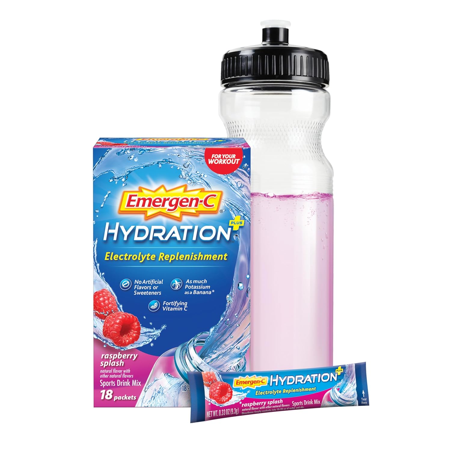 Emergen-C Hydration+ Sports Drink Mix, Raspberry Flavor, 18 Packets, Electrolyte Replenishment & Vitamin C