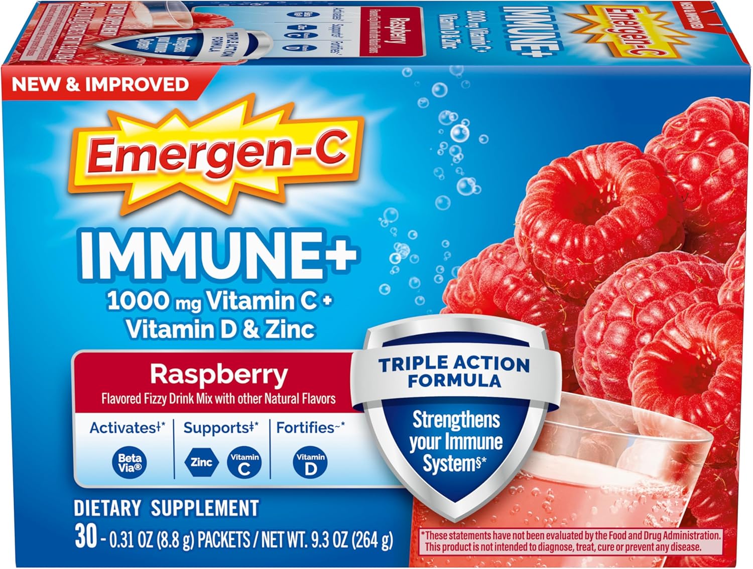 Emergen-C Immune+ Powder with BetaVia, 1000mg Vitamin C, B Vitamins, Vitamin D, Antioxidants - 30 Count