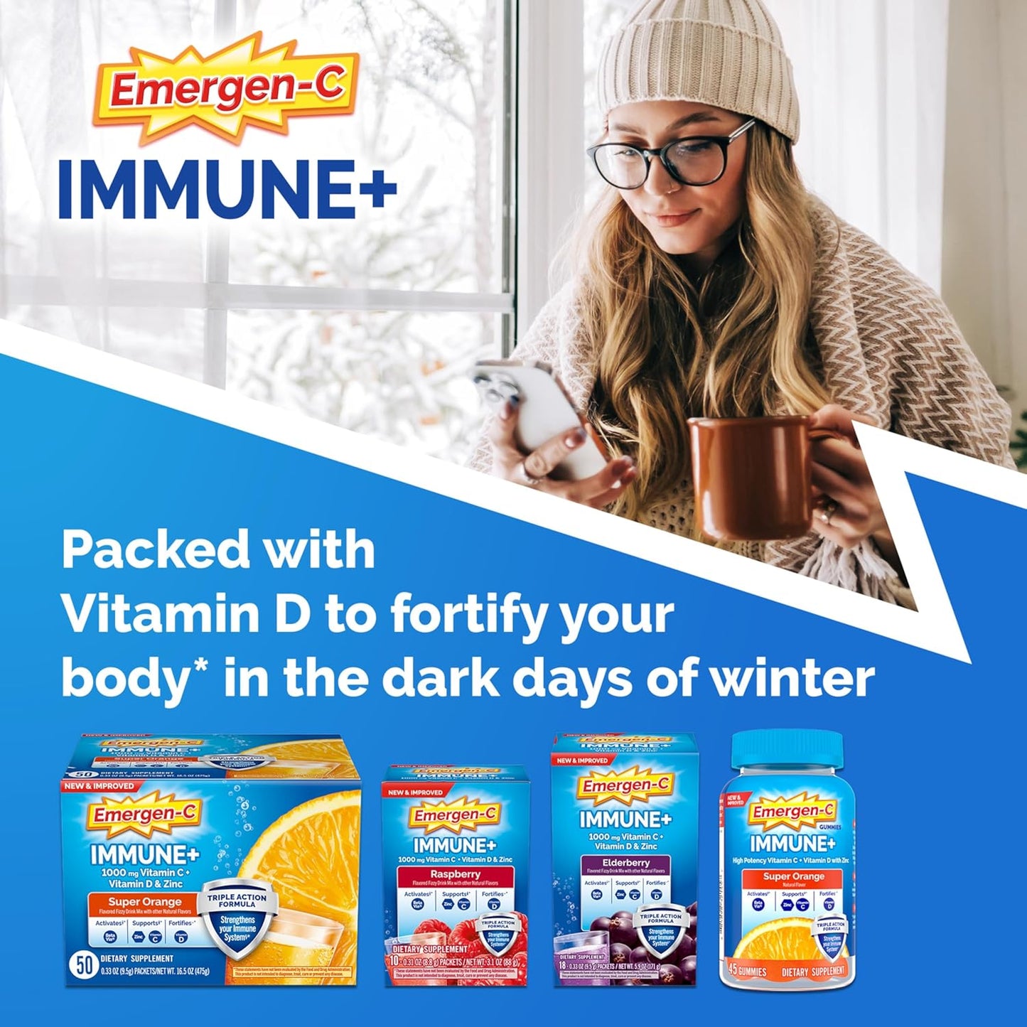 Emergen-C Immune+ Powder with BetaVia, 1000mg Vitamin C, B Vitamins, Vitamin D, Antioxidants - 30 Count