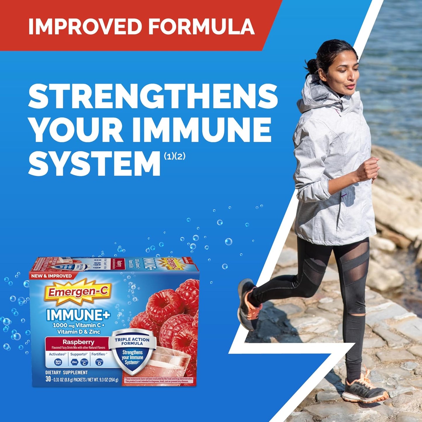 Emergen-C Immune+ Powder with BetaVia, 1000mg Vitamin C, B Vitamins, Vitamin D, Antioxidants - 30 Count
