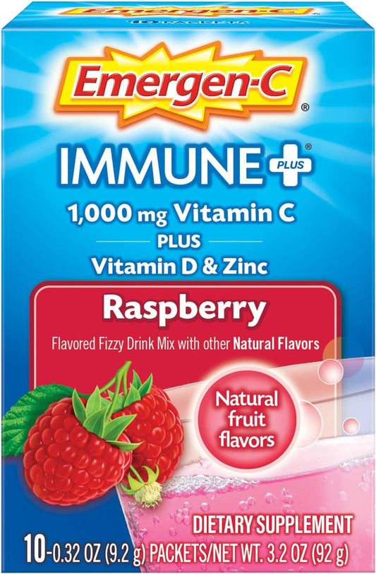 Emergen-C Immune+ Raspberry Fizzy Drink Mix with Vitamin D and Zinc - Pack of 10