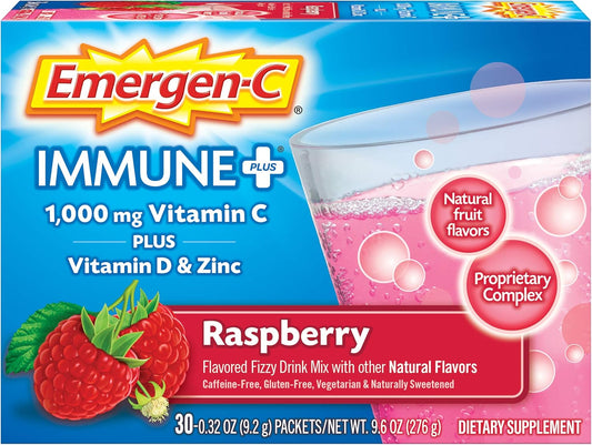 Emergen-C Immune+ Raspberry Flavor Powder - 30 Count, 1000mg Vitamin C with Vitamin D, Zinc, Antioxidants, Electrolytes for Immunity Boost