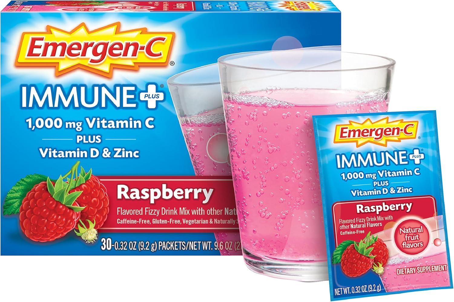 Emergen-C Immune+ Raspberry Flavor Powder - 30 Count, 1000mg Vitamin C with Vitamin D, Zinc, Antioxidants, Electrolytes for Immunity Boost