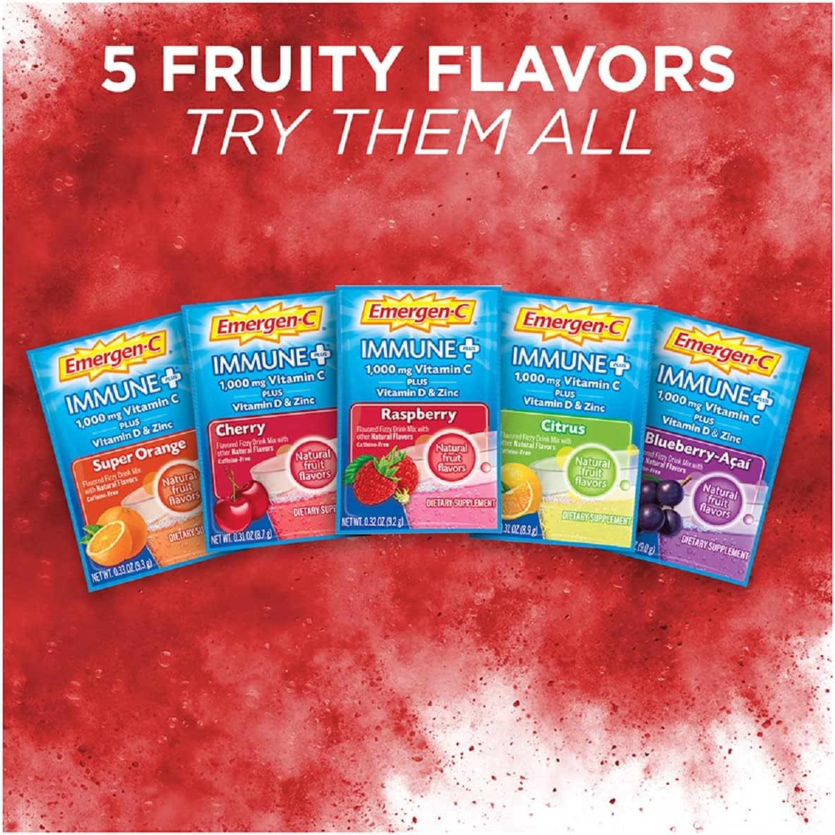 Emergen-C Immune+ Raspberry Flavor Powder - 30 Count, 1000mg Vitamin C with Vitamin D, Zinc, Antioxidants, Electrolytes for Immunity Boost