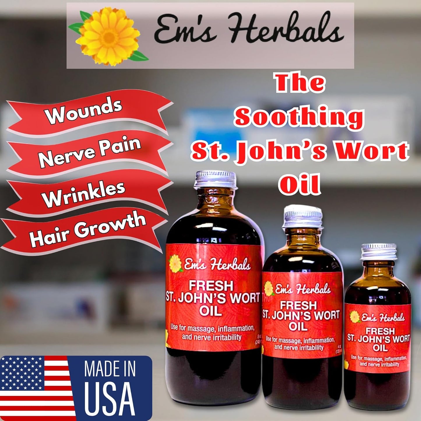 Em's Herbals St. John’s Wort Oil - Wild Harvested in USA for Nerve Discomfort, Skin Issues, Wound Care - 100% Natural Solution for Scars, Stretch Marks - Skin, Face, Body, Hair - 2 Oz