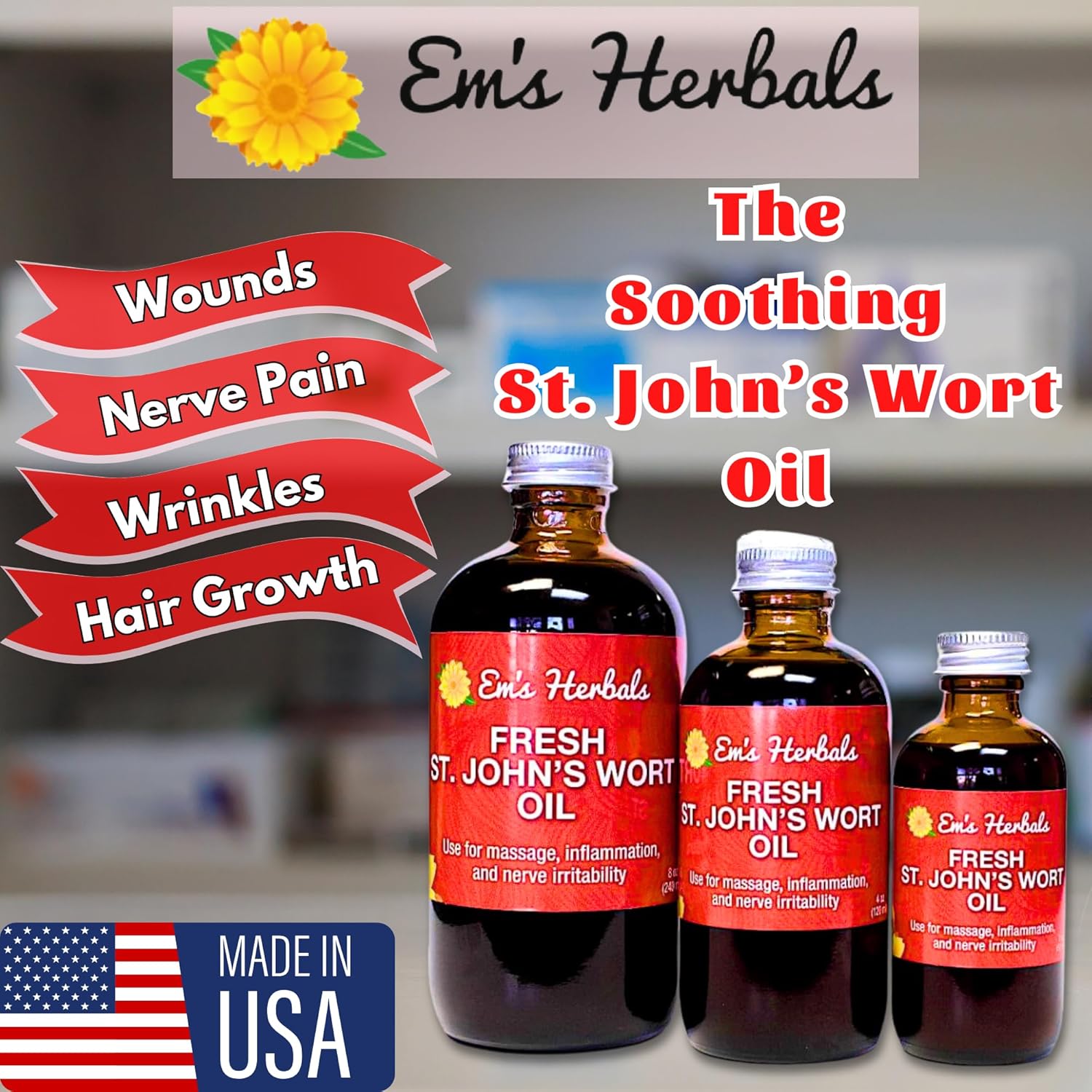 Em's Herbals St. John’s Wort Oil - Wild Harvested in USA for Nerve Discomfort, Skin Issues, Wound Care - 100% Natural Solution for Scars, Stretch Marks - Skin, Face, Body, Hair - 2 Oz
