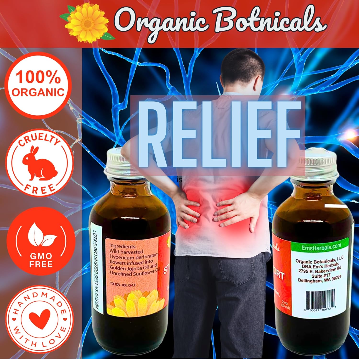 Em's Herbals St. John’s Wort Oil - Wild Harvested in USA for Nerve Discomfort, Skin Issues, Wound Care - 100% Natural Solution for Scars, Stretch Marks - Skin, Face, Body, Hair - 2 Oz