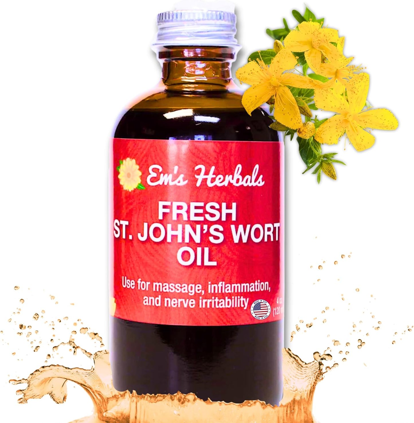Em's Herbals Wild Harvested St. John’s Wort Oil - Natural Remedy for Nerve Discomfort, Skin Issues, Wound Healing, Scars, Stretch Marks - Multi-Use Oil for Skin, Face, Body, Hair - 4 Oz