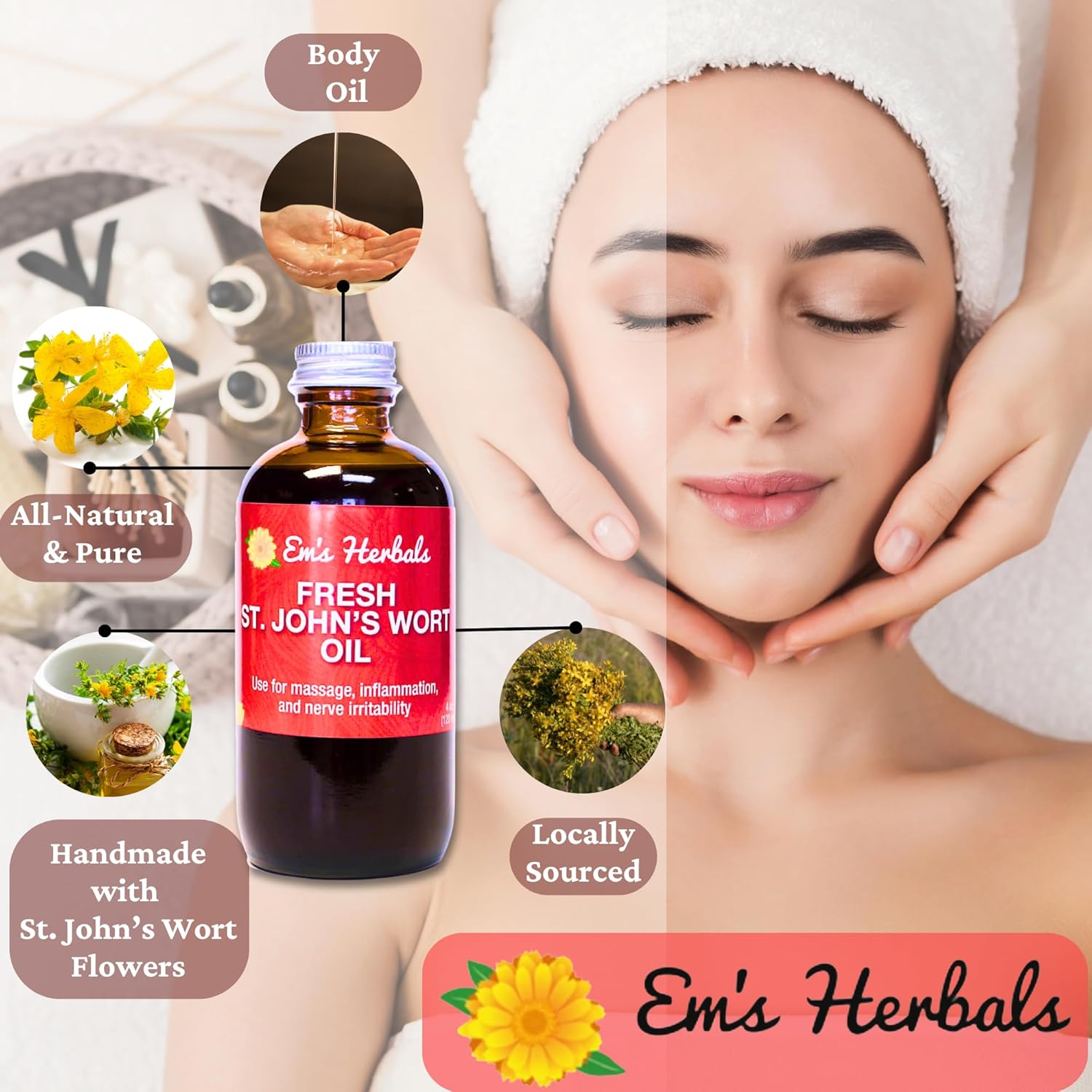 Em's Herbals Wild Harvested St. John’s Wort Oil - Natural Remedy for Nerve Discomfort, Skin Issues, Wound Healing, Scars, Stretch Marks - Multi-Use Oil for Skin, Face, Body, Hair - 4 Oz