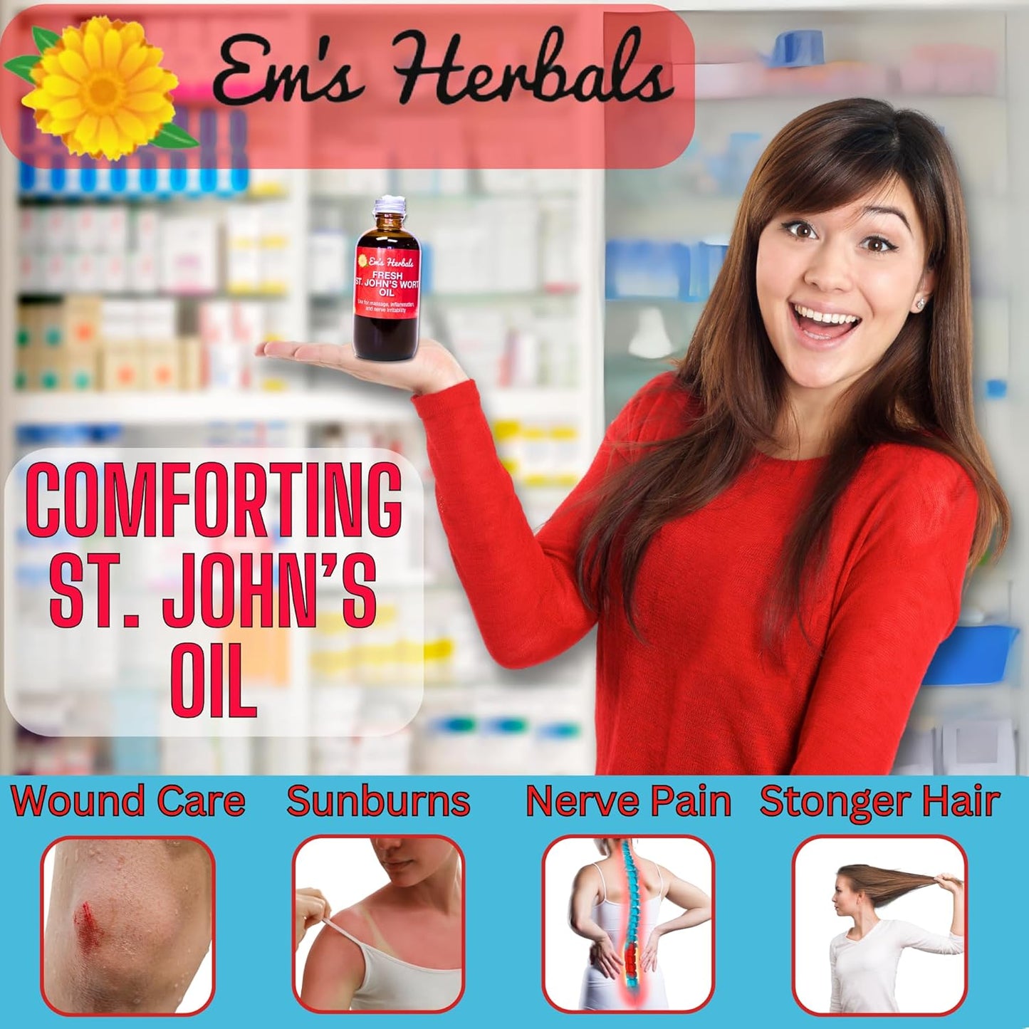 Em's Herbals Wild Harvested St. John’s Wort Oil - Natural Remedy for Nerve Discomfort, Skin Issues, Wound Healing, Scars, Stretch Marks - Multi-Use Oil for Skin, Face, Body, Hair - 4 Oz