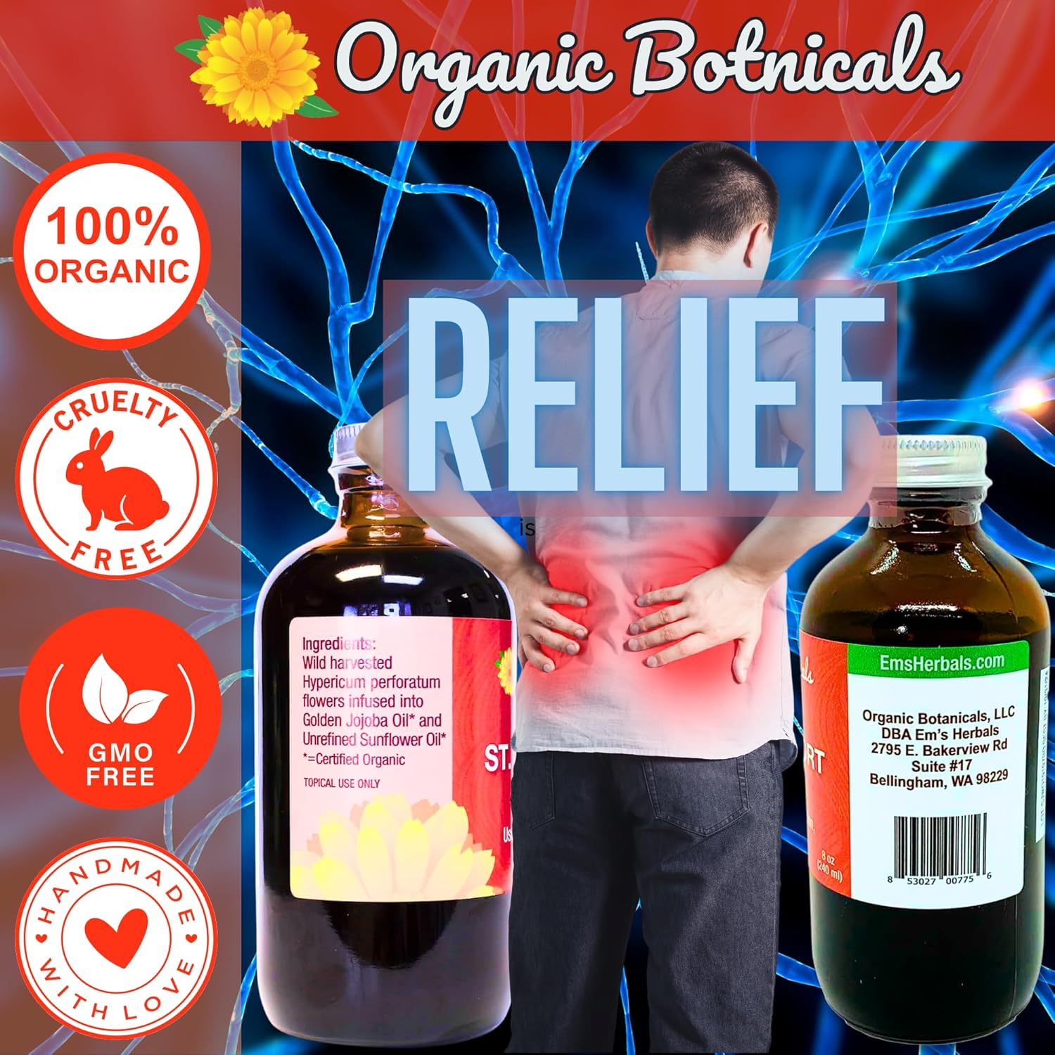 Em's Herbals Wild Harvested St. John’s Wort Oil - Natural Remedy for Nerve Discomfort, Skin Issues, Wound Healing, Scars, Stretch Marks - Multi-Use Oil for Skin, Face, Body, Hair - 4 Oz