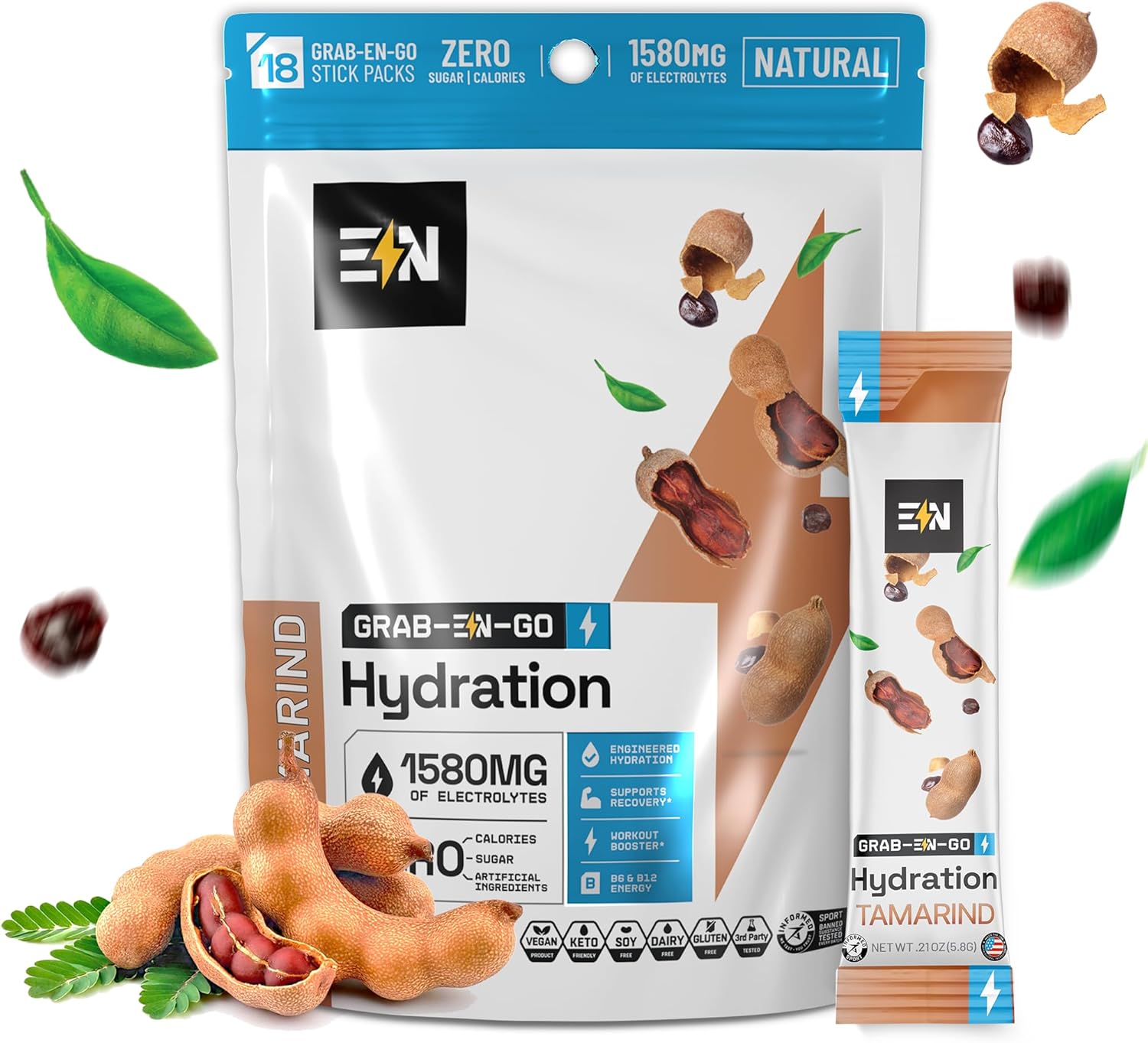 EN Sugar-Free Electrolytes Powder Packets - Keto Hydration Packets, Single-Serving Zero Calorie Electrolytes with Tamarind Flavor, Vegan, Non-GMO, Organic, Gluten-Free - 18 CT