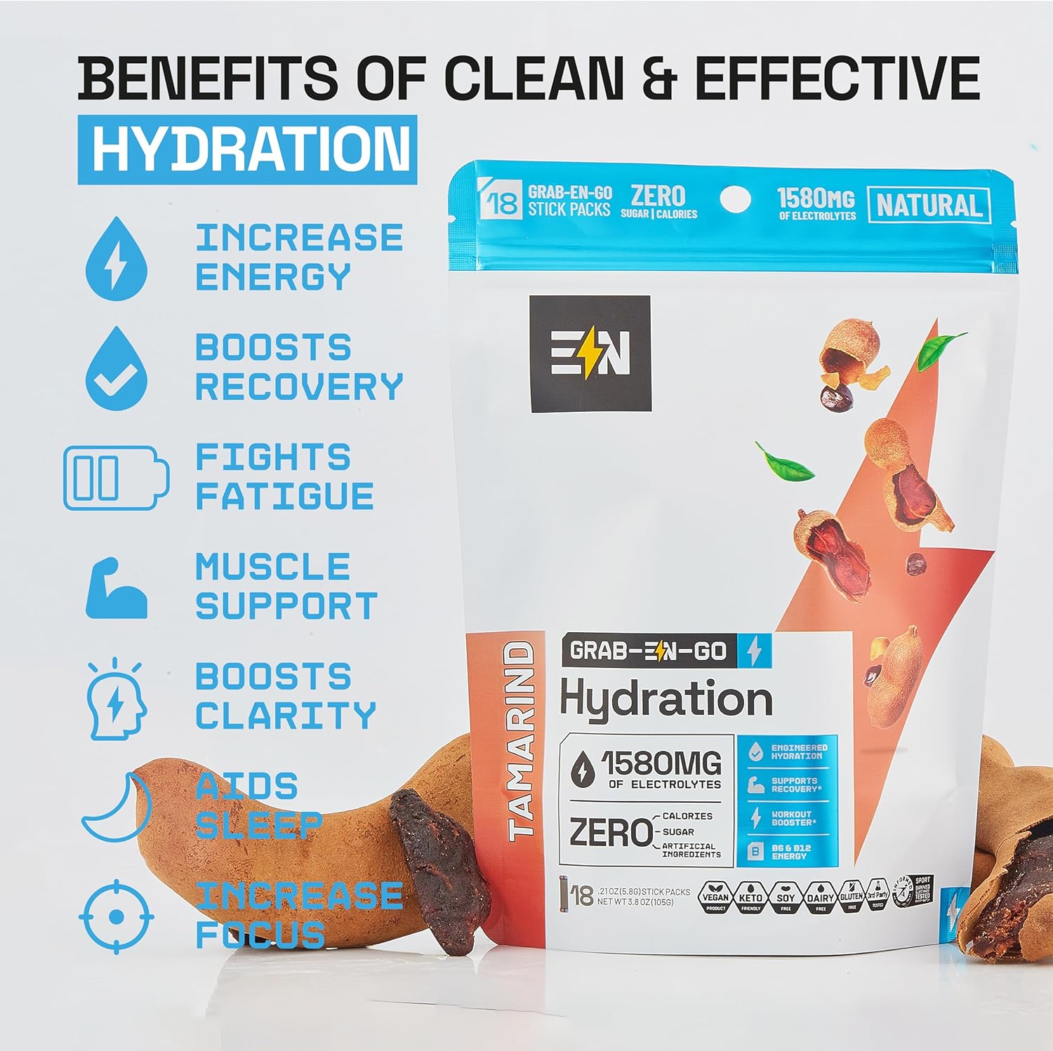 EN Sugar-Free Electrolytes Powder Packets - Keto Hydration Packets, Single-Serving Zero Calorie Electrolytes with Tamarind Flavor, Vegan, Non-GMO, Organic, Gluten-Free - 18 CT