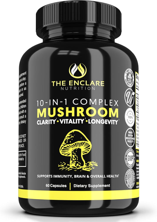 ENCLARE NUTRITION 10-in-1 Mushroom Supplement for Immune Support and Brain Boost with Lions Mane, Reishi, Cordyceps, and More