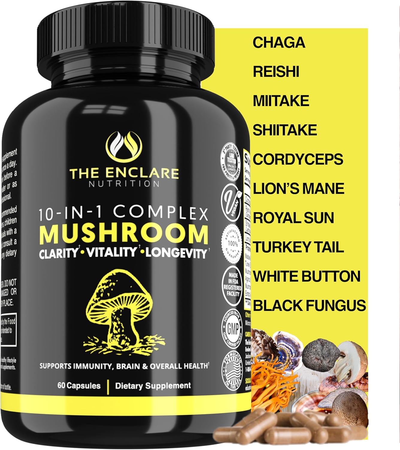 ENCLARE NUTRITION 10-in-1 Mushroom Supplement for Immune Support and Brain Boost with Lions Mane, Reishi, Cordyceps, and More