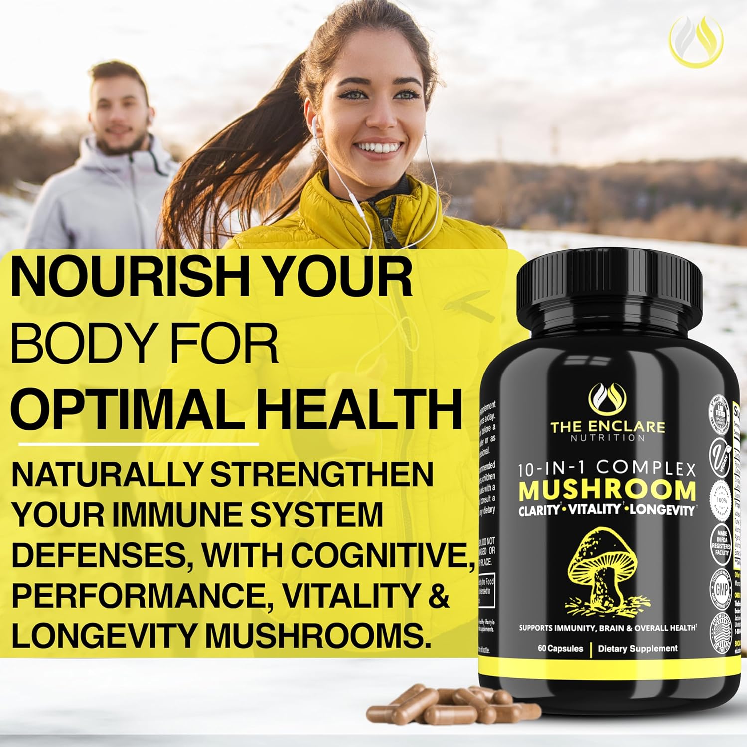 ENCLARE NUTRITION 10-in-1 Mushroom Supplement for Immune Support and Brain Boost with Lions Mane, Reishi, Cordyceps, and More