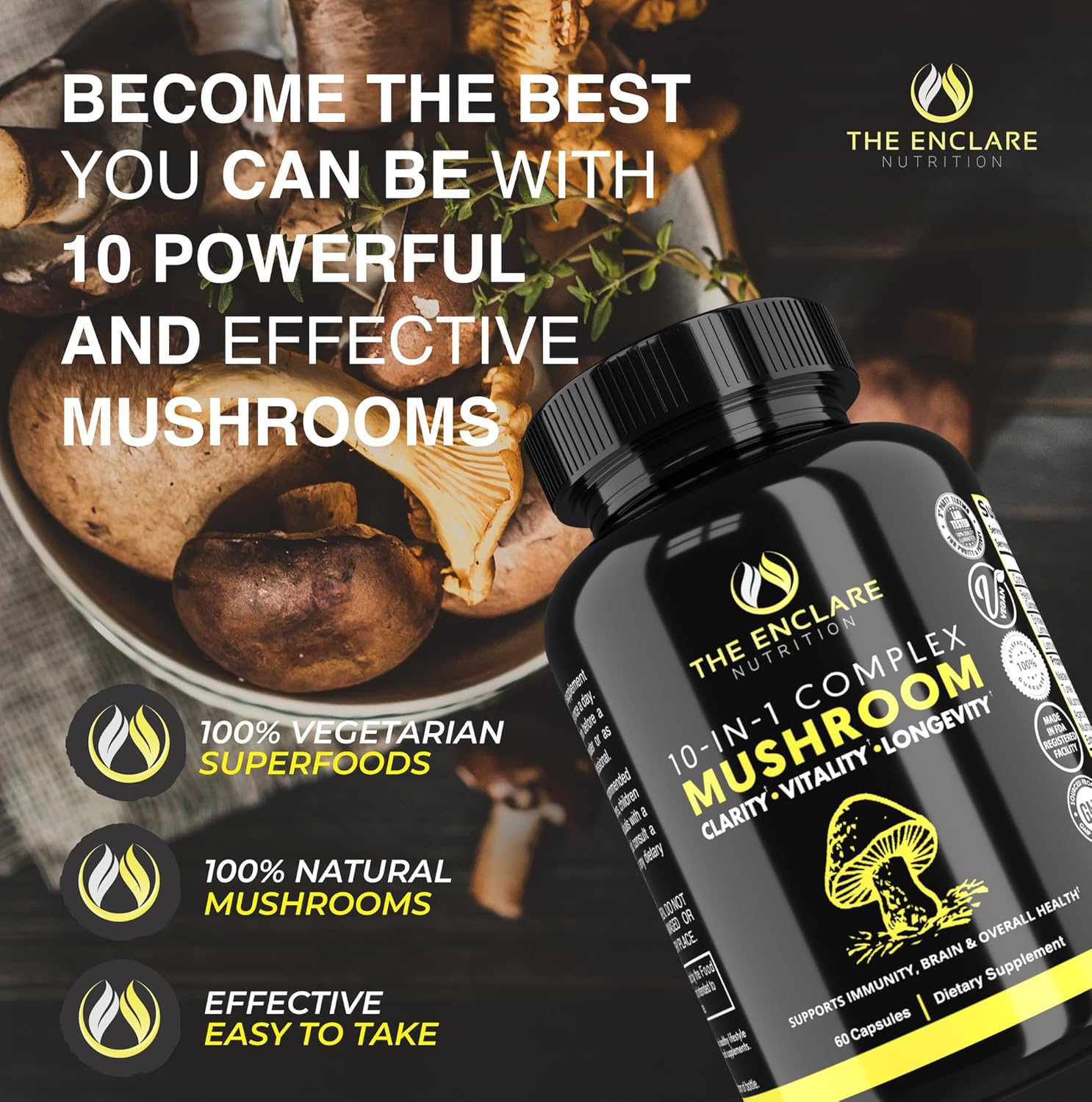 ENCLARE NUTRITION 10-in-1 Mushroom Supplement for Immune Support and Brain Boost with Lions Mane, Reishi, Cordyceps, and More