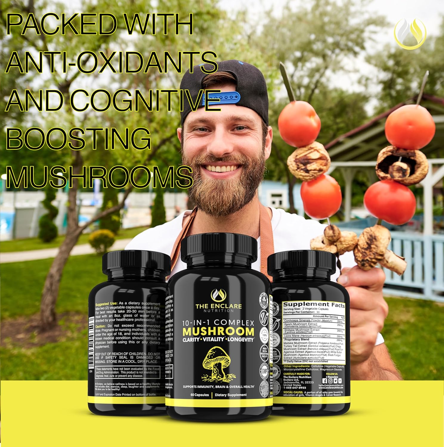 ENCLARE NUTRITION 10-in-1 Mushroom Supplement for Immune Support and Brain Boost with Lions Mane, Reishi, Cordyceps, and More